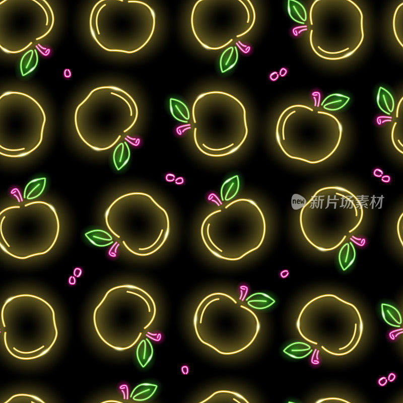 无缝图案与霓虹灯苹果图标在黑色的背景。水果，维生素，夏季概念。矢量10 EPS插图。